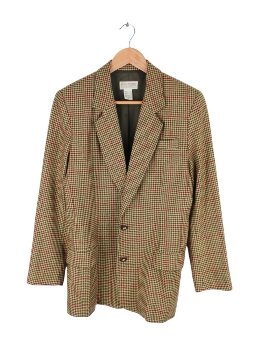 Vintage Banana Republic Safari Wool Blazer Jacket Houndstooth Plaid Tan Womens 6